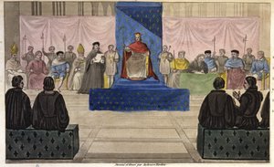 Philipp IV. versammelt im Louvre die Generalstände, bestehend aus Klerus, Adel und prominenten Bürgern oder dem dritten Stand, der erstmals 1301 zugelassen wurde - entworfen und graviert von Ambroise Tardieu im Jahr 1825. von Ambroise Tardieu