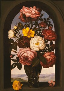 Rosen in einem Römer mit einer Turban-Hahnenfuß und einem Alpenveilchen in einem Fenster, eine Flusslandschaft dahinter von Ambrosius the Elder Bosschaert