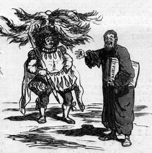 Freude von Rabelais, als er sieht, dass Gustave Doré sich vollständig mit den Männern seiner Schriften identifiziert. Karikatur von Cham. Gravur in „Le Monde Illustré“ Nr. 821 vom 4. Januar von Amédée de Noé