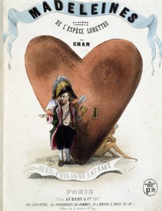 Man zahlt nur beim Eintritt (Karikatur von Amor (Eros) vor einem Herz, das einen Teufel verbirgt) - in "Madeleines" von Cham, ca. 1870-1880