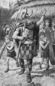 Die keltischen Bewohner eines Dorfes in Britannien machen sich auf, die einfallenden Teutonen abzuwehren (Lithografie)