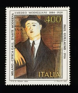 Briefmarke aus der Serie Italienische Kunst zu Ehren von Amedeo Modigliani (1884-1920), zeigt Porträt von Paul Guillaume (1916), 400-Lire-Marke