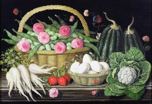 Eier, dicke Bohnen und Rosen im Korb, 1995 von Amelia Kleiser
