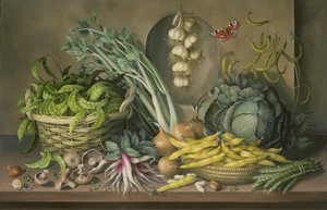 Knoblauch und Radieschen und ein Pfauenfalter, 1997 von Amelia Kleiser