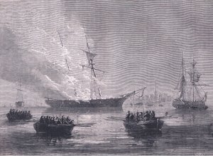 Die Verbrennung von Gaspe, Illustration aus Cassells Geschichte der Vereinigten Staaten, veröffentlicht von Cassell, Petter & Galpin, um 1900 (Lithographie)