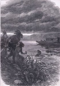 Händler am Ohio von Wilden angegriffen, Illustration aus Cassells Geschichte der Vereinigten Staaten, veröffentlicht von Cassell, Petter & Galpin, um 1900 (Lithographie) von American English school