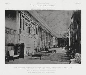 Kamin: Die Bildergalerie, Hardwick Hall, Derbyshire, England