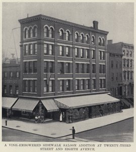 Ein von Weinlaub umranktes Bürgersteigsaloon-Zusatzgebäude an der Twenty-Third Street und Eighth Avenue von American Photographer