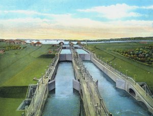 Vogelperspektive der Gatun-Schleusen, die alle Schleusentreppen zeigt, Panamakanal