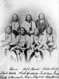 Bosse, Left Hand, White Wolf, Black Kettle, White Antelope, Bull Bear, Neva: Häuptlinge der Arapahoe, Sioux, Cheyenne und Kiowa Stämme, ca. 1860-68 von American Photographer