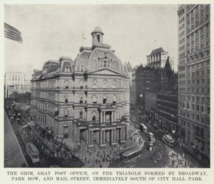 Das grimmige, graue Postamt, auf dem Dreieck gebildet von Broadway, Park Row und Mail Street, direkt südlich des City Hall Parks von American Photographer