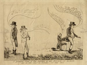 Eine echte Ansicht der Parteien in einer Ehrensache nach dem fünften Schuss in Hoboken, 31. Juli 1802 von American School