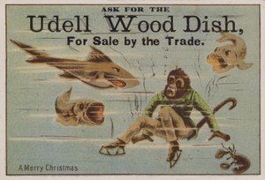 Fröhliche Weihnachten, Werbekarte für Udell-Holzgeschirr