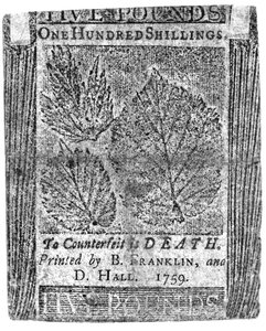 Eine Hundert-Schilling-Note, gedruckt von B. Franklin und D. Hall, 1759 von American School
