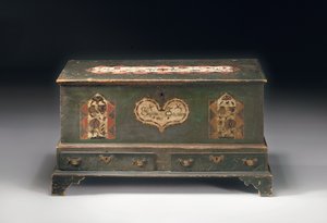Bemalter Truhen-Dower-Schrank, beschriftet Susana Scheblern, wahrscheinlich Lancaster County, Pennsylvania, 1790 von American School