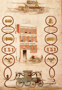 Werbung für Abraham Vanness, Feuerwehrgerätebauer und Hersteller von Feuerlöschgeräten, veröffentlicht von Geo. G. Gratacap, New York, ca. 1850 von American School