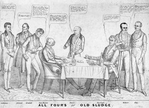 All Fours oder Old Sludge, politische Karikatur, die Präsident Martin Van Buren (1782-1862) zeigt, wie er Karten gegen William Henry Harrison (1773-1841) spielt, umgeben von anderen Staatsmännern und Politikern, 1836