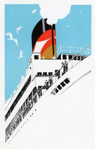 Art-Deco-Illustration eines Kreuzfahrtschiffs mit Passagieren aus den 1920er Jahren