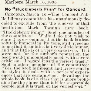 Artikel im Boston Daily Globe über das Verbot von Huckleberry Finn in Concord, Massachusetts, vom 16. März 1885