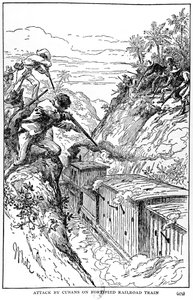 Angriff der Kubaner auf einen befestigten Eisenbahnzug, Illustration aus The Story of Cuba von Murat Halstead, veröffentlicht 1898