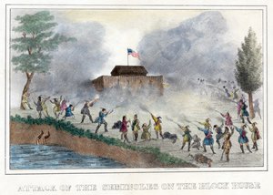 Angriff der Seminolen auf das Blockhaus, veröffentlicht 1836 von American School