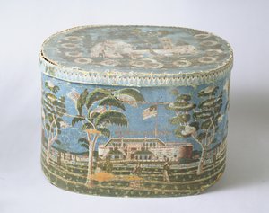 Hutschachtel mit blockbedrucktem Papier, das eine Ansicht eines Schlosses zeigt, ca. 1835 von American School