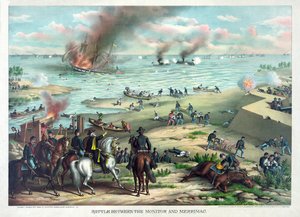 Schlacht zwischen der Monitor und der Merrimac, 9. März 1862 bei Hampton Roads, nahe Norfolk, Virginia, veröffentlicht von Kurz & Allison, ca. 1889