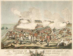 Schlacht von New Orleans und Tod von Generalmajor Packenham am 8. Januar 1815, veröffentlicht 1815 (kolorierte Gravur)