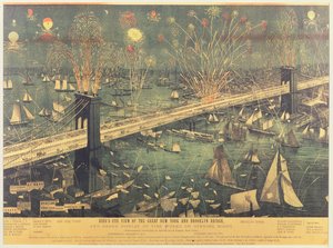 Vogelperspektive auf die Große New Yorker und Brooklyn-Brücke und das große Feuerwerk zur Eröffnungsnacht 1883 von American School