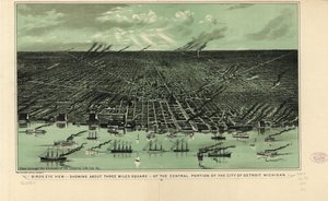 Vogelperspektive - zeigt etwa drei Quadratmeilen des zentralen Teils der Stadt Detroit, Michigan, ca. 1889 von American School