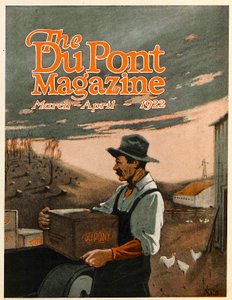 Bohrmaschinen und Sprengstoffe - Zwillingshelfer, Titelseite des DuPont Magazins, März-April 1922 von American School