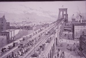 Brooklyn Bridge kurz nach der Eröffnungszeremonie, veröffentlicht am 26. Mai 1883 (Gravur)