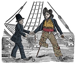 Kapitän Mackra und der Pirat mit Holzbein. Gravur aus „The Pirates Own Book“ 19. Jahrhundert
