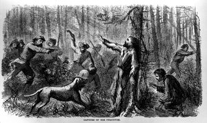 Gefangennahme der Flüchtigen, aus Prison Life in the South, geschrieben von Allen O. Abbott und veröffentlicht 1865 von American School