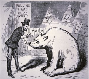 Karikatur eines amerikanischen Politikers, der versucht, Wähler im unbewohnten Alaska zu finden von American School