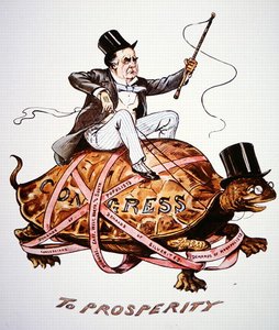 Karikatur, die Präsident William McKinley (1843-1901) zeigt, wie er versucht, seine Politik durch den Kongress zu bringen (Farblithografie)