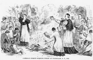 Katholische Priester verbrennen Bibeln in Champlain, New York, Illustration aus einem anti-katholischen Pamphlet, 1842 von American School