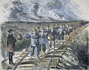 Charles Crocker (1822-88) und seine chinesischen Arbeiter beim Bau der Central Pacific Railroad, abgeschlossen 1869 von American School