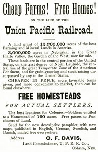Günstige Farmen und freie Häuser an der Union Pacific Railroad Linie, Anzeige aus Appletons Journal, 4. Mai 1872