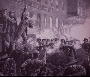 Chicago Haymarket-Arbeiteraufstand von 1886, Stich veröffentlicht in Harper