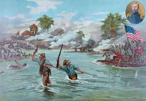 Col. Funston und das 20. Kansas-Freiwilligenregiment überqueren den Fluss bei Calumpit, 26. April 1899 von American School