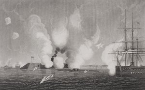 Kampf zwischen der konföderierten CSS Virginia (links) und der Union USS Monitor (Mitte) am 9. März 1862 bei Hampton Roads, Virginia von American School