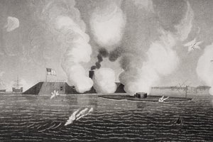 Kampf zwischen der konföderierten CSS Virginia (links) und der Union USS Monitor (rechts) am 9. März 1862 in Hampton Roads, Virginia (Detail) von American School