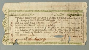 Kontinentales Darlehenszertifikat Nummer 4863, unterzeichnet vom Schatzmeister Francis Hopkinson, 26. März 1781 von American School