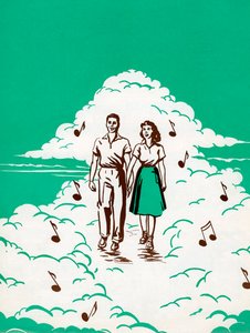 Paar geht in Wolken, umgeben von Musiknoten von American School