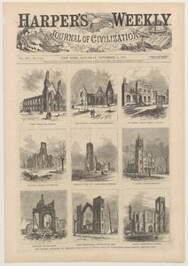Titelblatt von Harpers Weekly mit Szenen der zerstörten Kirchen von Chicago, 11. November 1871 von American School