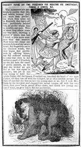 Davy Crockett zahlt zwei Franzosen für die Beleidigung seiner Geliebten heim, zähmt eine Löwin usw., Illustration aus Crocketts Almanach von American School