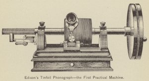 Edisons Zinnfolien-Phonograph, die erste praktische Maschine (Stich)