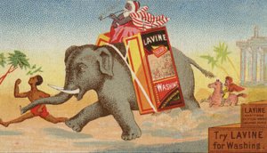 Elefant rennt mit einer Kiste Waschseife von American School