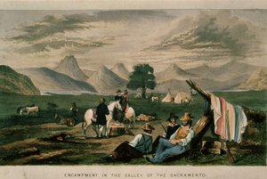 Lager im Tal des Sacramento im Jahr 1598, Illustration aus California, its past history, its present position, its future prospects von G.A. Fleming, 1850